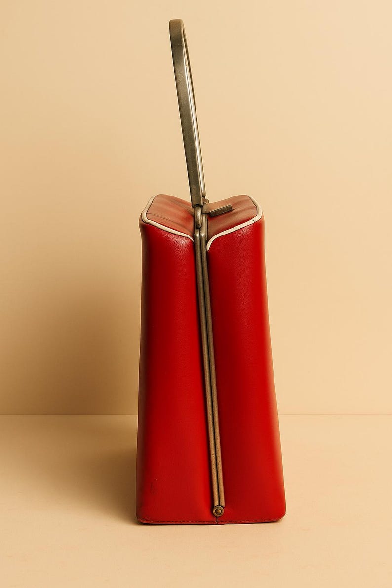 Vintage 1960 Red Structured Handbag U Shaped Metal Handle with Ivory Detail Mid Century Mod Purse