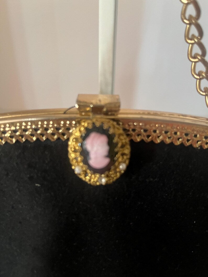 Vintage 1960s Black Structured Handbag with Pink Cameo Mid Century Mod Purse Retro Evening Bag