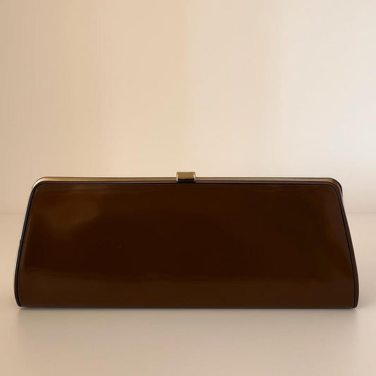 1960s Vintage Brown Patent Leather Clutch with Ribbon and Floral Appliqué