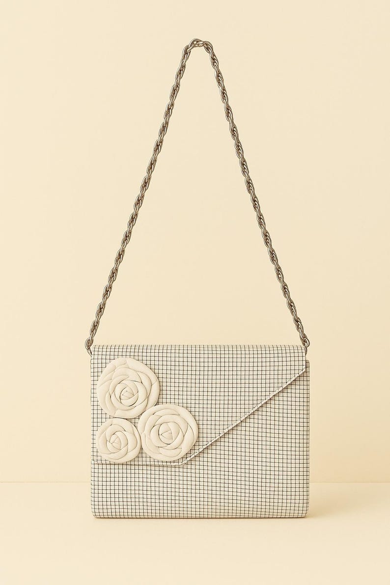 Vintage Whiting & Davis White Grid Handbag with Rose Appliques and Chain Strap 1960s Shoulder Bag Evening Purse