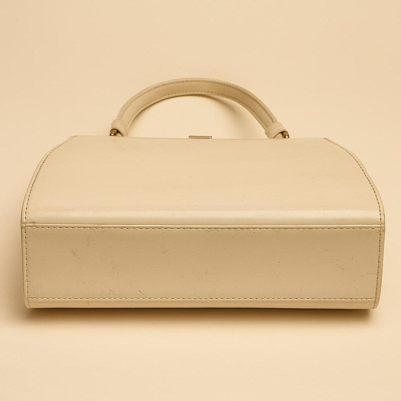 1960s Theodore of California Cream Faux Patent Leather Handbag Amber Frame Vintage Purse