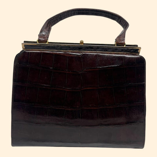 1960s Vintage Dark Brown Crocodile Embossed Leather Handbag Gold Frame Clasp Mid Century Purse