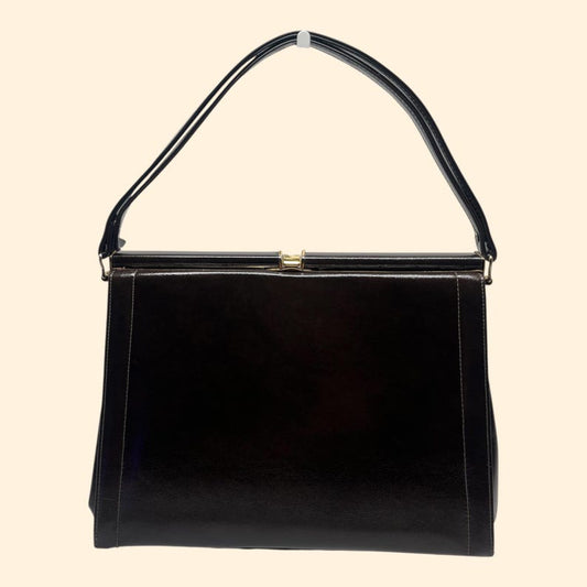 1960s Vintage Dark Brown Patent Leather Handbag Paisley Interior Gold Frame Clasp Mid Century Purse