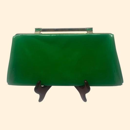 1960s Vintage Kelly Green Patent Vinyl Clutch Purse Gold Frame Blue Satin Interior Mid Century Handbag