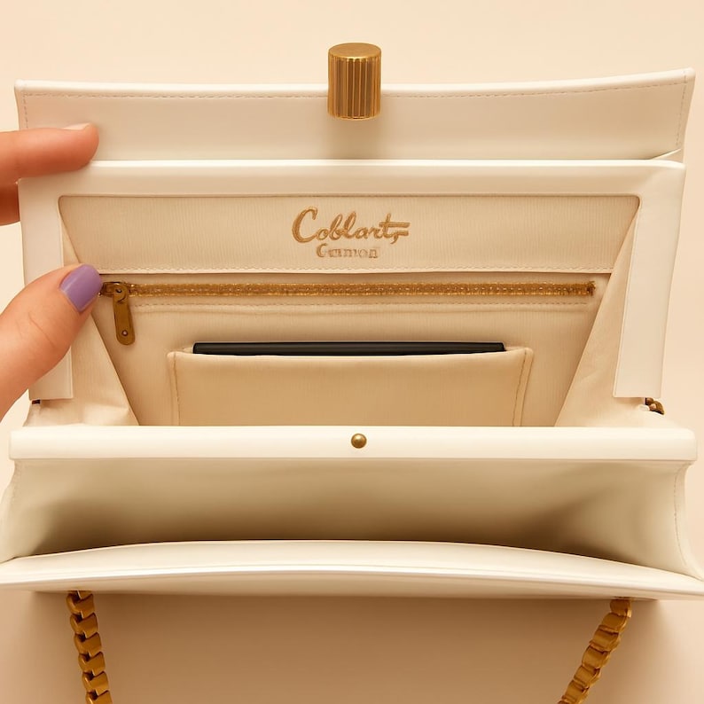 1960s Coblentz Original White Patent Leather Handbag Gold Chain Handle Vintage Purse.