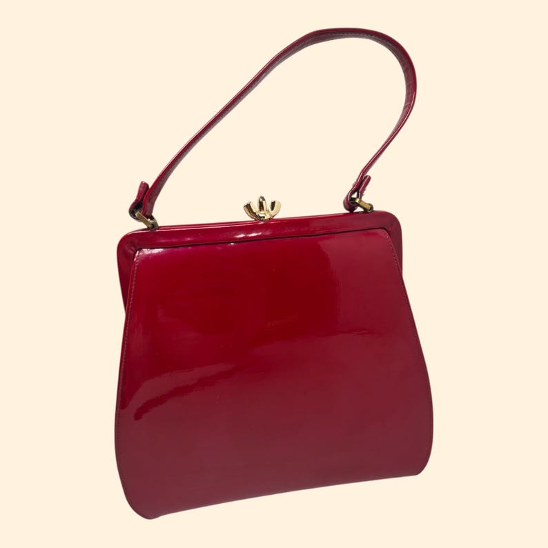 1960s Vintage cherry Red Patent Leather Handbag Structured Frame Mid Century Purse