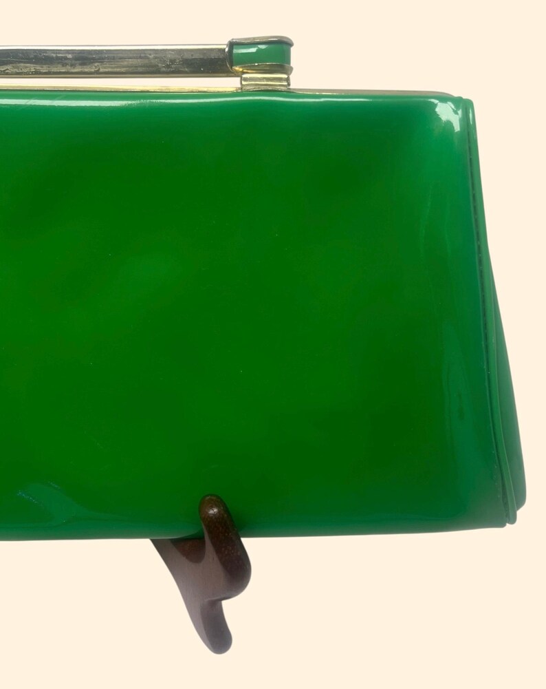 1960s Vintage Kelly Green Patent Vinyl Clutch Purse Gold Frame Blue Satin Interior Mid Century Handbag