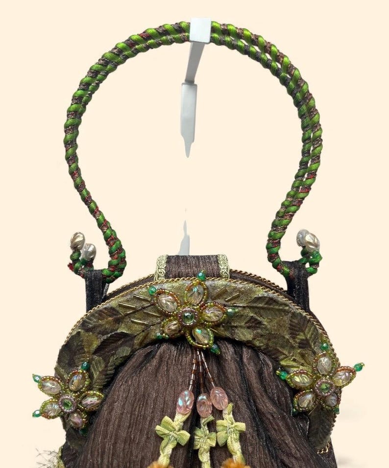 Mary Frances Vintage Brown Green Beaded Floral Embellished Handbag with Braided Handle and Fringe Trim
