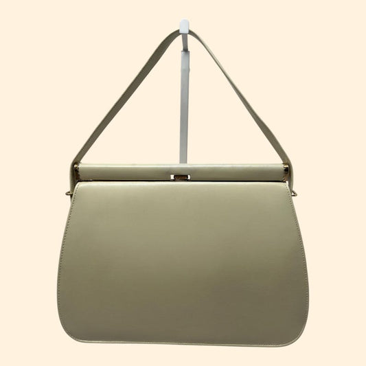 1960s Vintage Cream Faux Leather Handbag with Ornate Metal Accent and Gold Clasp Mid Century Purse