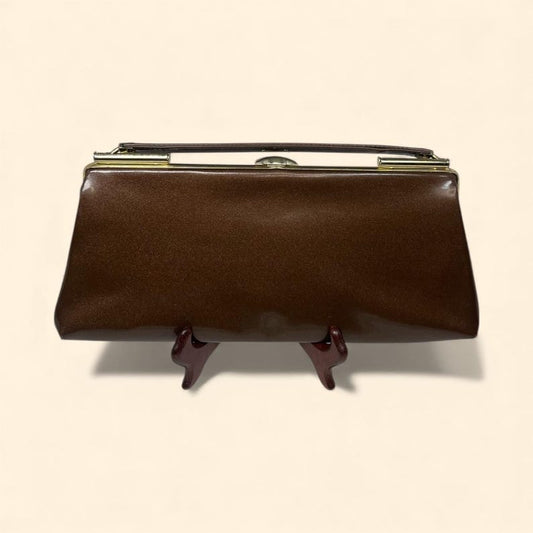 1960s Vintage Brown Patent Leather Clutch Purse Gold Frame Evening Handbag