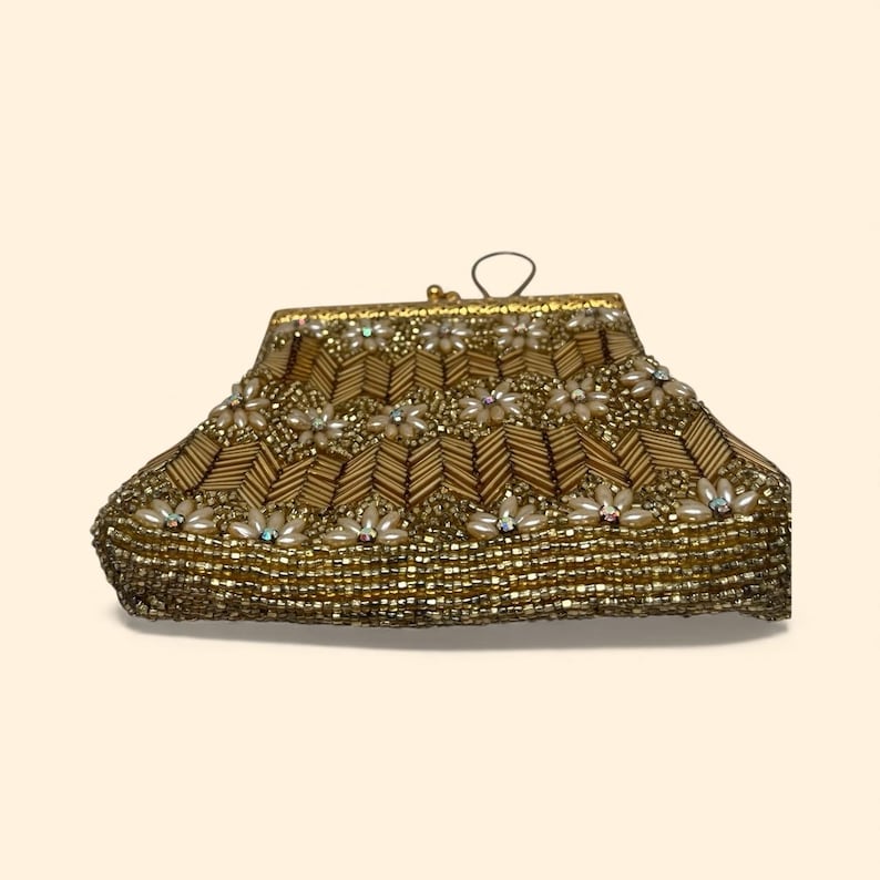 1960s Vintage Gold Beaded Evening Handbag with Floral Pearl Appliqué and Chain Handle