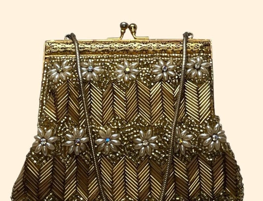 1960s Vintage Gold Beaded Evening Handbag with Floral Pearl Appliqué and Chain Handle