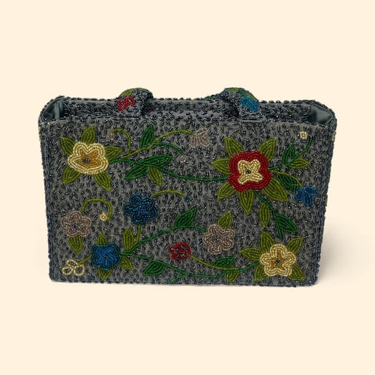 1950s–1960s Pierre Urbach Vintage Beaded Floral Handbag Gray Multicolor High-Quality Beadwork Evening Purse