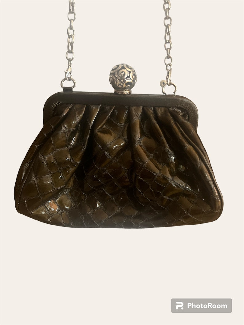 Brighton dark green croc Embossed leather shoulder bag purse with silver chain strap