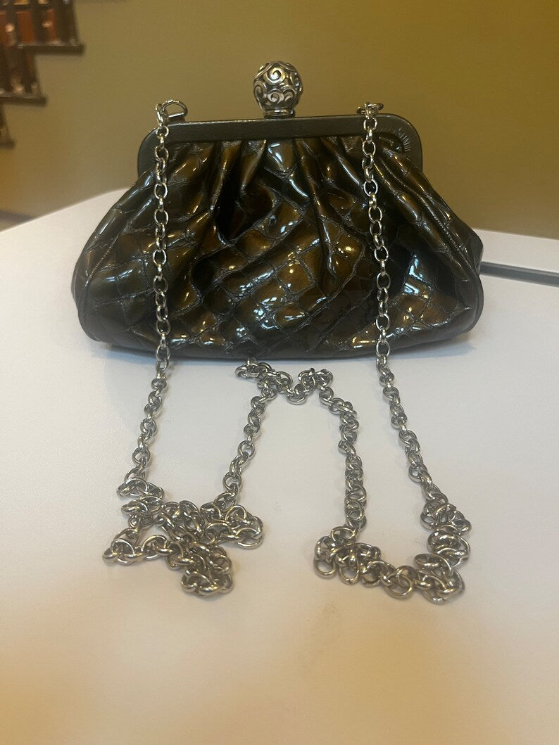 Brighton dark green croc Embossed leather shoulder bag purse with silver chain strap