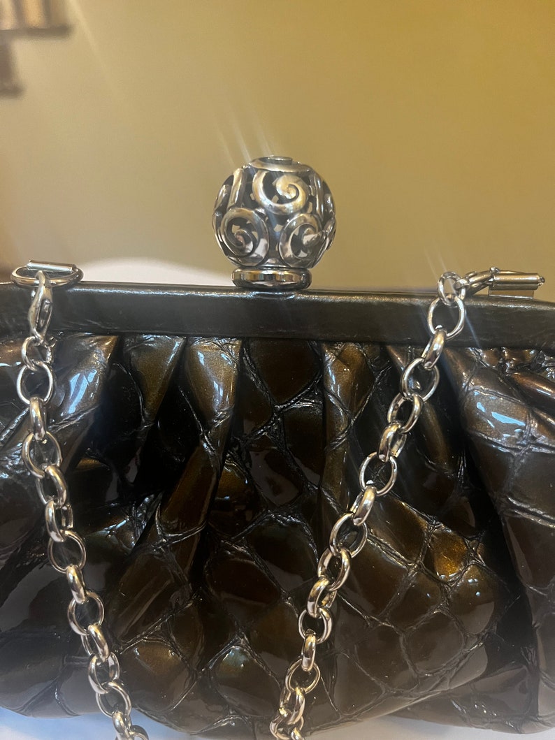 Brighton dark green croc Embossed leather shoulder bag purse with silver chain strap