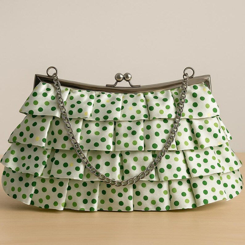 Green Polka Dot Ruffle Clutch Purse with Silver Kiss Lock Chain Strap | Whimsical Party Bag | Gift for Her | Retro Style Statement Bag