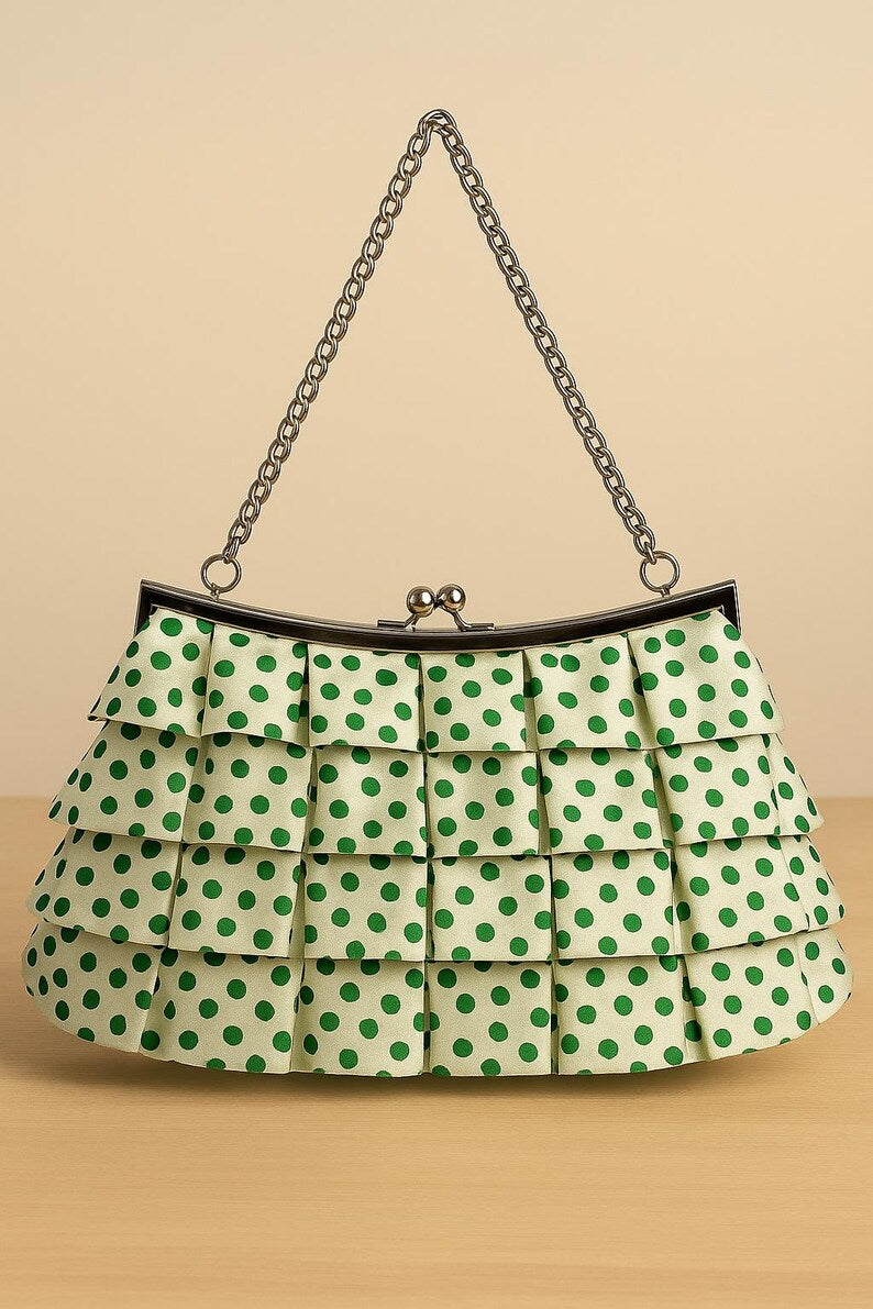 Green Polka Dot Ruffle Clutch Purse with Silver Kiss Lock Chain Strap | Whimsical Party Bag | Gift for Her | Retro Style Statement Bag