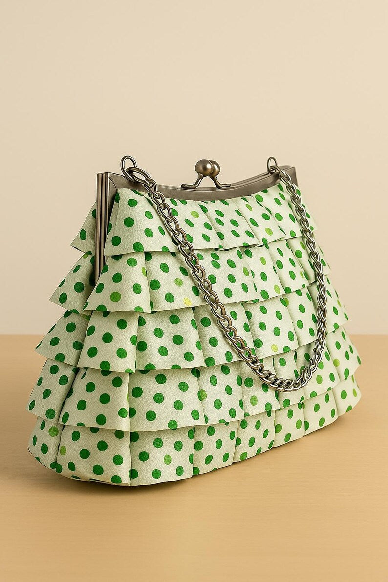 Green Polka Dot Ruffle Clutch Purse with Silver Kiss Lock Chain Strap | Whimsical Party Bag | Gift for Her | Retro Style Statement Bag