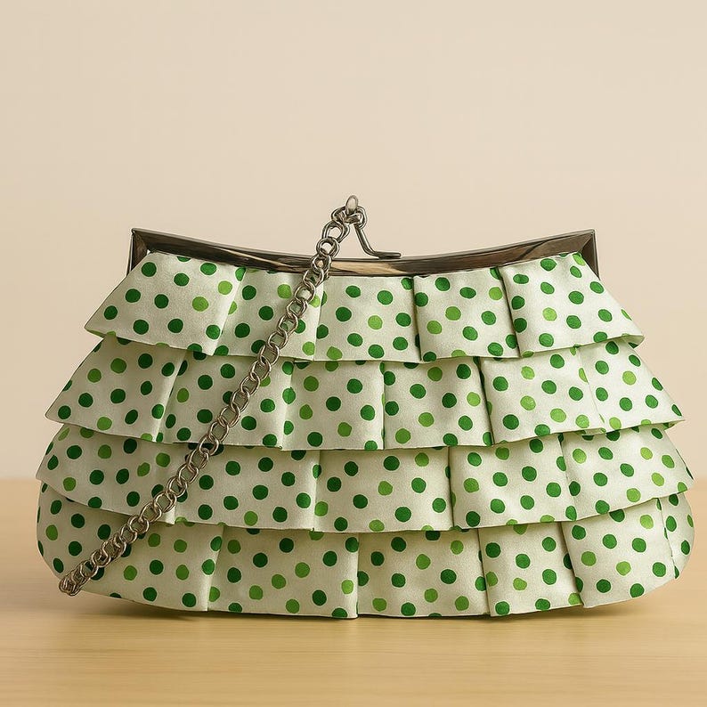 Green Polka Dot Ruffle Clutch Purse with Silver Kiss Lock Chain Strap | Whimsical Party Bag | Gift for Her | Retro Style Statement Bag