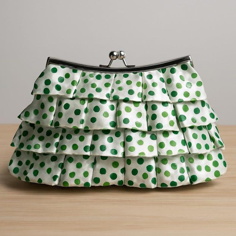Green Polka Dot Ruffle Clutch Purse with Silver Kiss Lock Chain Strap | Whimsical Party Bag | Gift for Her | Retro Style Statement Bag
