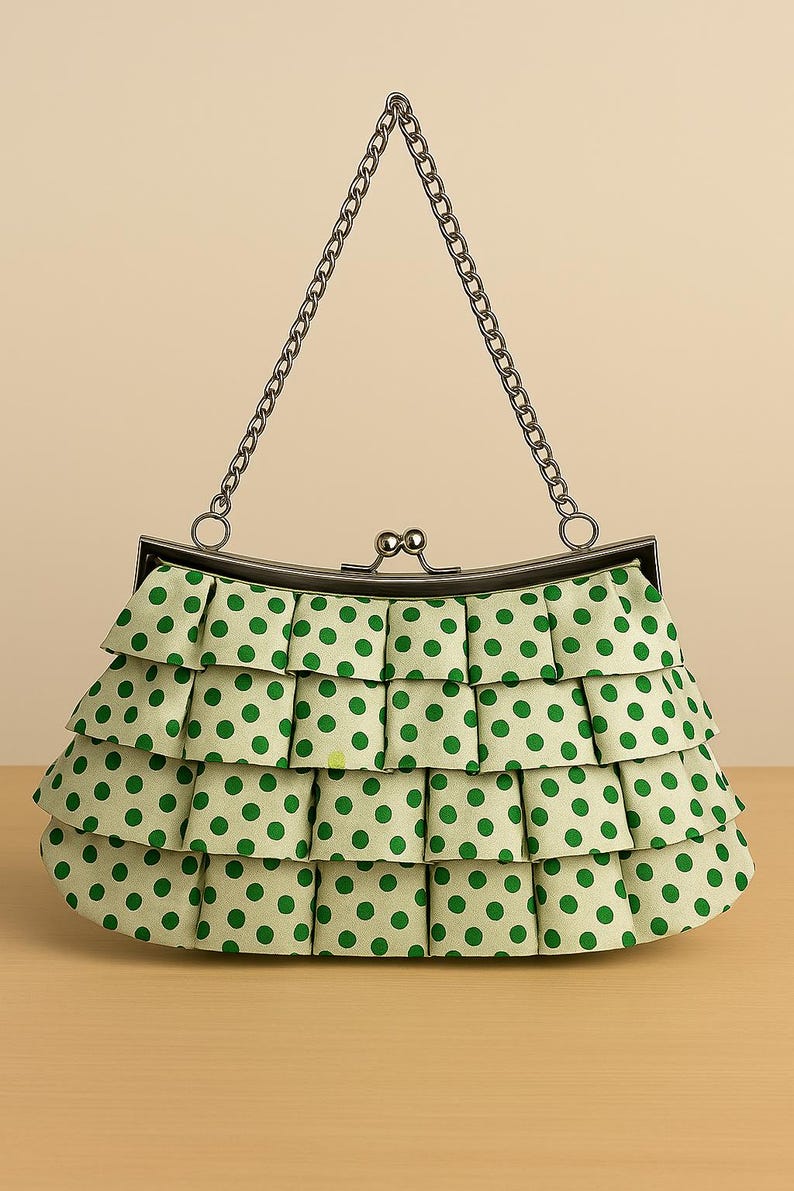 Green Polka Dot Ruffle Clutch Purse with Silver Kiss Lock Chain Strap | Whimsical Party Bag | Gift for Her | Retro Style Statement Bag