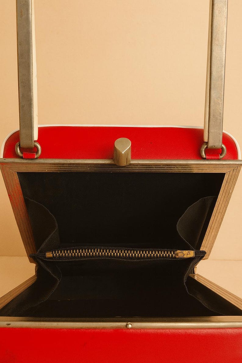 Vintage 1960 Red Structured Handbag U Shaped Metal Handle with Ivory Detail Mid Century Mod Purse