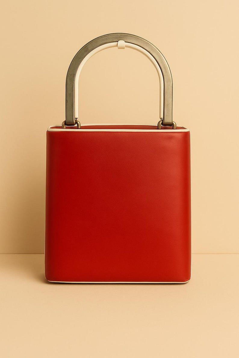 Vintage 1960 Red Structured Handbag U Shaped Metal Handle with Ivory Detail Mid Century Mod Purse