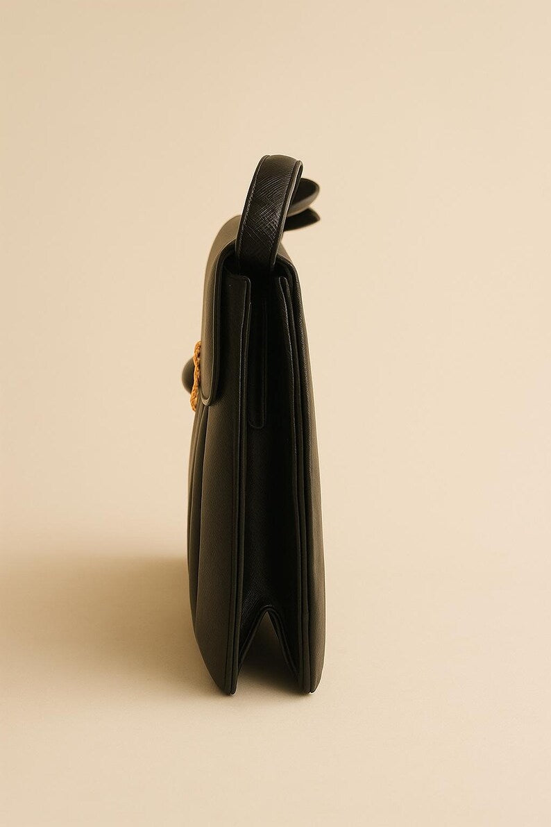 Vintage 1960s Prestige Black Structured Handbag Gold Cabochon Clasp Mid Century Mod Evening Purse