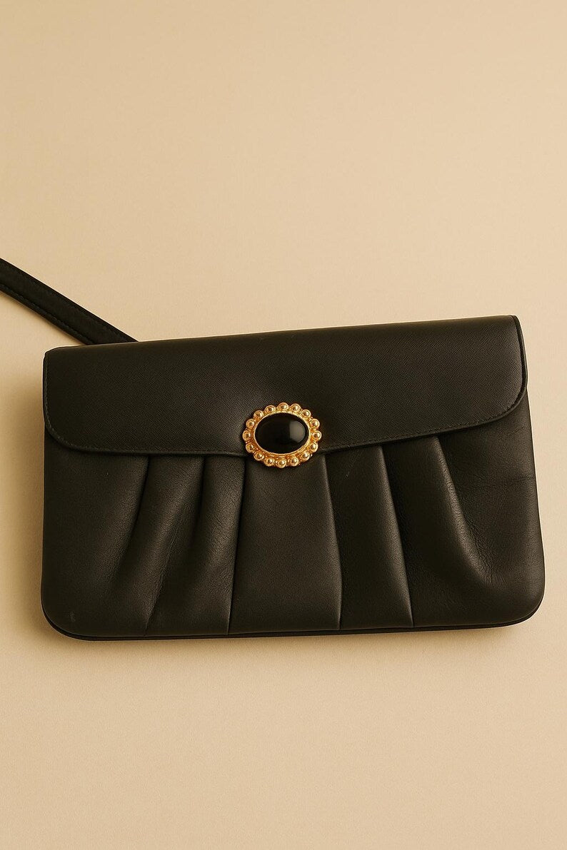 Vintage 1960s Prestige Black Structured Handbag Gold Cabochon Clasp Mid Century Mod Evening Purse