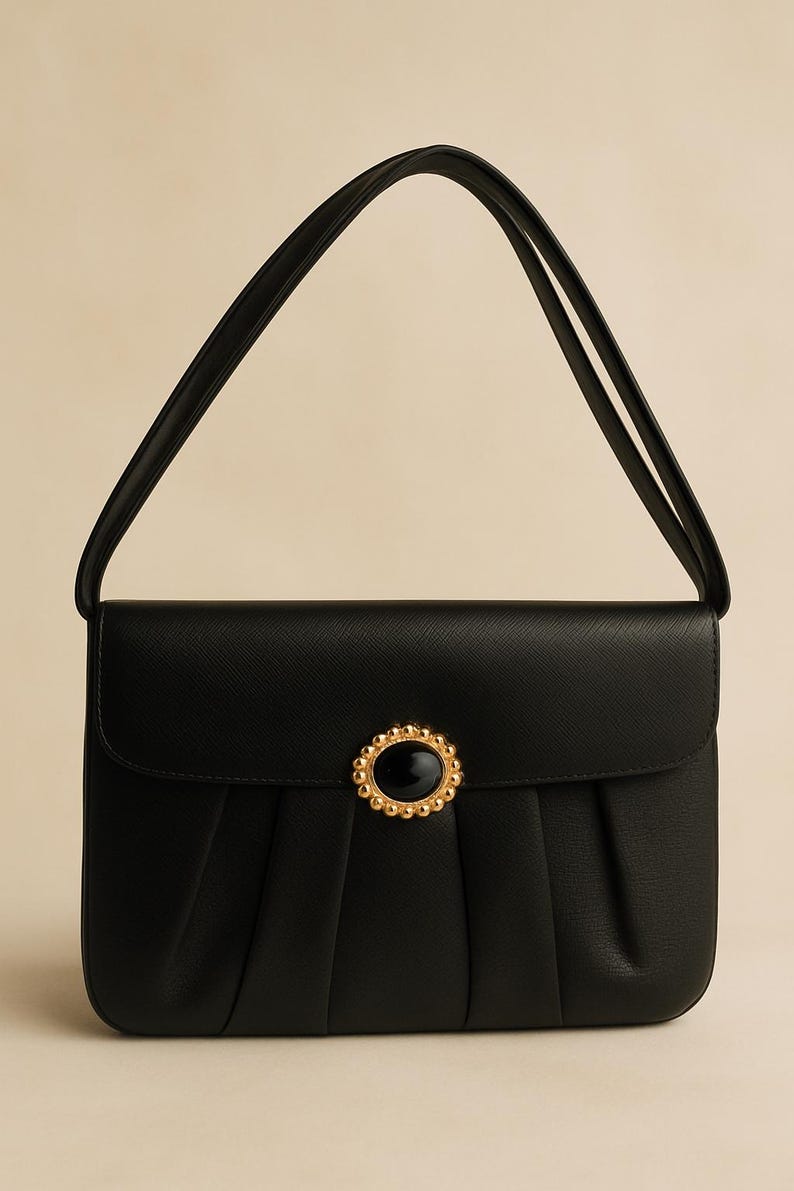 Vintage 1960s Prestige Black Structured Handbag Gold Cabochon Clasp Mid Century Mod Evening Purse