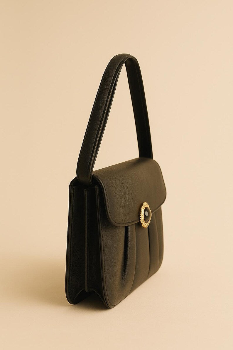 Vintage 1960s Prestige Black Structured Handbag Gold Cabochon Clasp Mid Century Mod Evening Purse