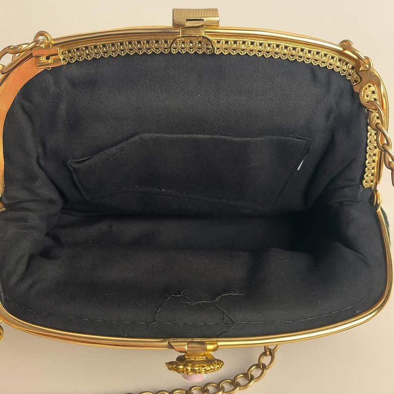 Vintage 1960s Black Structured Handbag with Pink Cameo Mid Century Mod Purse Retro Evening Bag