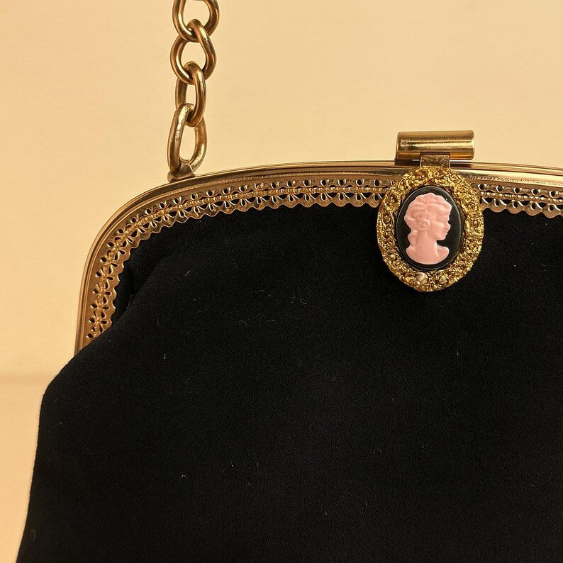 Vintage 1960s Black Structured Handbag with Pink Cameo Mid Century Mod Purse Retro Evening Bag