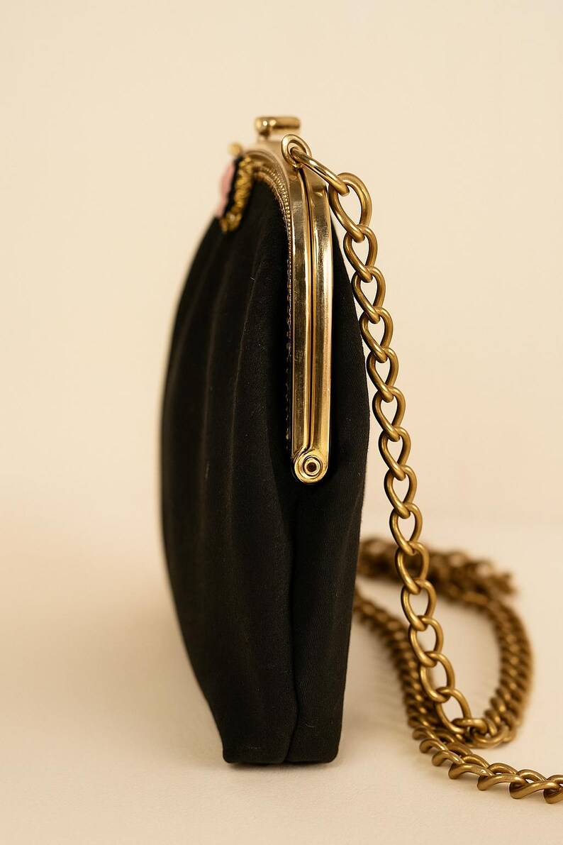 Vintage 1960s Black Structured Handbag with Pink Cameo Mid Century Mod Purse Retro Evening Bag