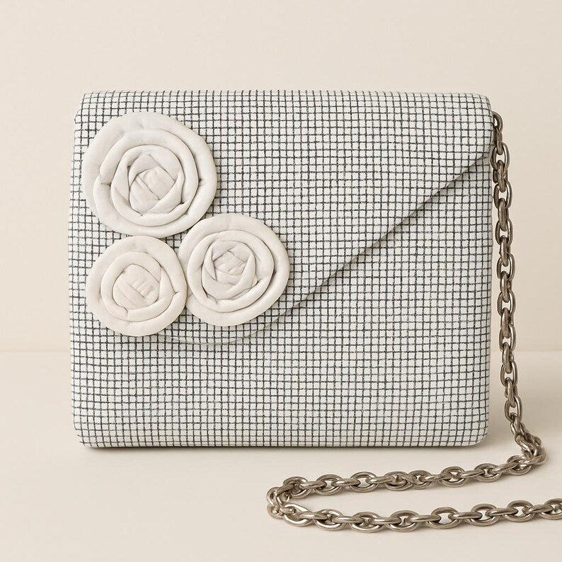 Vintage Whiting & Davis White Grid Handbag with Rose Appliques and Chain Strap 1960s Shoulder Bag Evening Purse