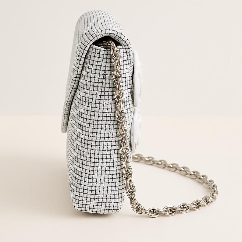 Vintage Whiting & Davis White Grid Handbag with Rose Appliques and Chain Strap 1960s Shoulder Bag Evening Purse