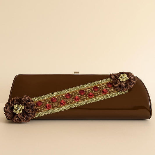 1960s Vintage Brown Patent Leather Clutch with Ribbon and Floral Appliqué