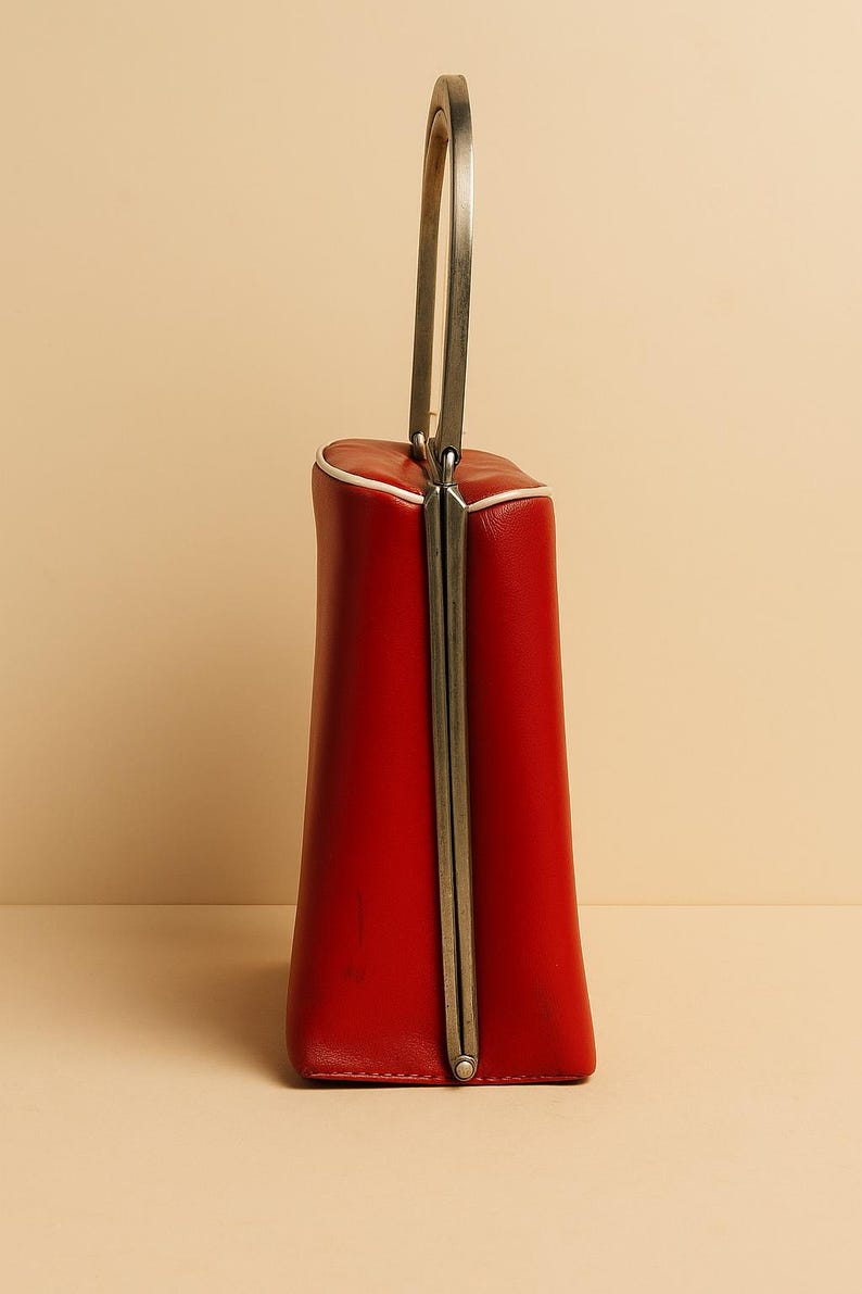 Vintage 1960 Red Structured Handbag U Shaped Metal Handle with Ivory Detail Mid Century Mod Purse