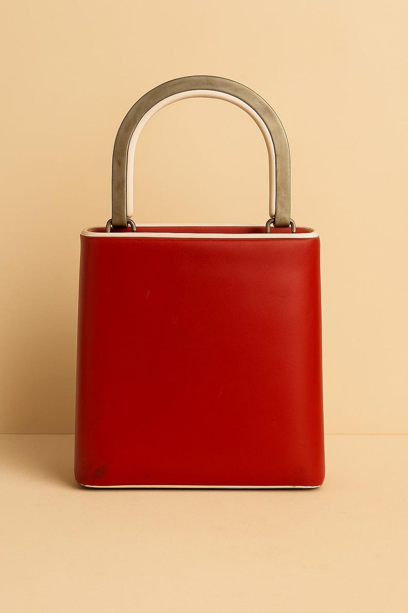 Vintage 1960 Red Structured Handbag U Shaped Metal Handle with Ivory Detail Mid Century Mod Purse