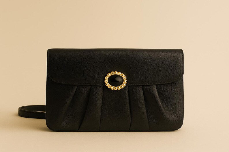 Vintage 1960s Prestige Black Structured Handbag Gold Cabochon Clasp Mid Century Mod Evening Purse
