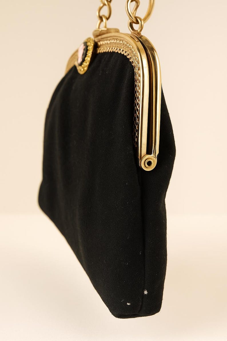 Vintage 1960s Black Structured Handbag with Pink Cameo Mid Century Mod Purse Retro Evening Bag