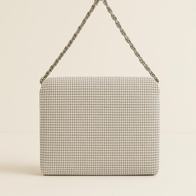 Vintage Whiting & Davis White Grid Handbag with Rose Appliques and Chain Strap 1960s Shoulder Bag Evening Purse