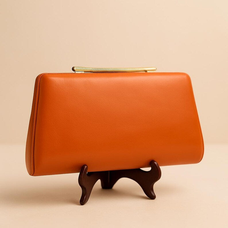 1960s Vintage Orange Clutch Purse Gold Frame Mid Century Handbag