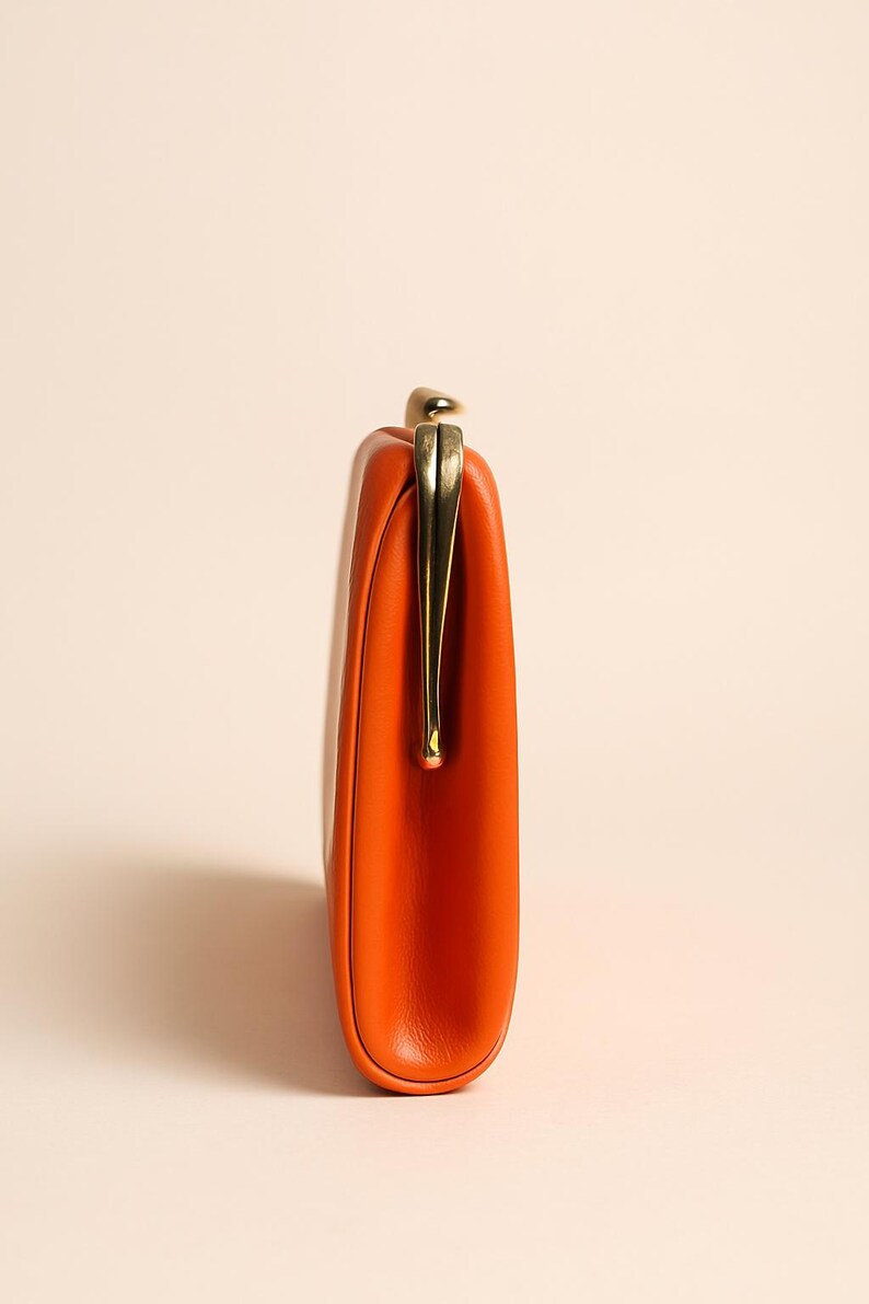 1960s Vintage Orange Clutch Purse Gold Frame Mid Century Handbag