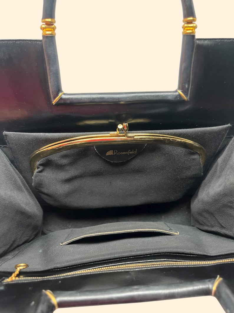 1950s Rosenfeld Vintage Black Leather Structured Handbag with Gold Hardware