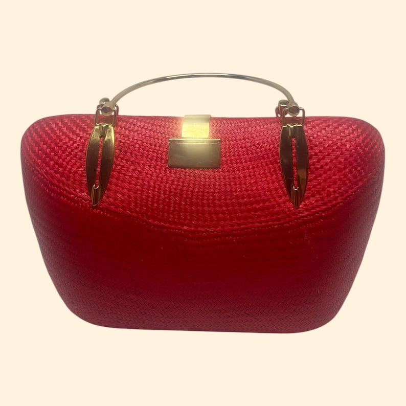 1960s Vintage Red Woven Handbag with Gold Handles and Clasp Mid Century Purse.