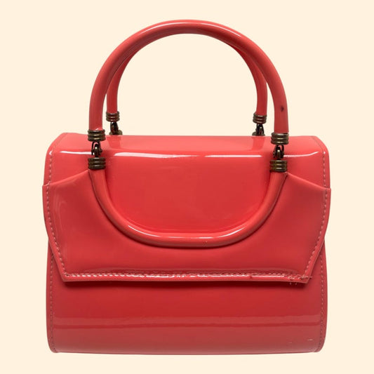 1960s Vintage Coral Patent Leather Handbag Structured Frame Mid Century Purse