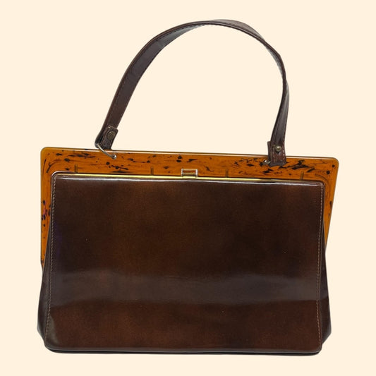 1960s Lavalize Vintage Brown Leather Handbag with Lucite Frame Mid Century Purse