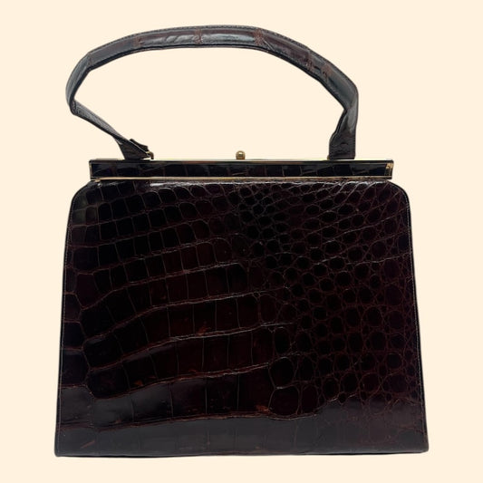 1960s Vintage Dark Brown Crocodile Embossed Leather Handbag Gold Frame Clasp Mid Century Purse